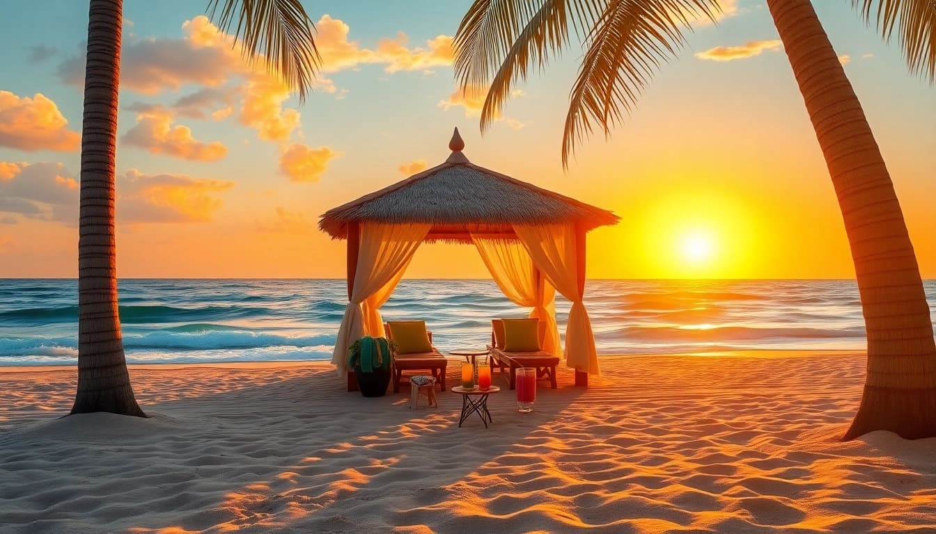 Experience the charm of a coastal cabana illuminated by sunset, with palm trees and beach chairs.