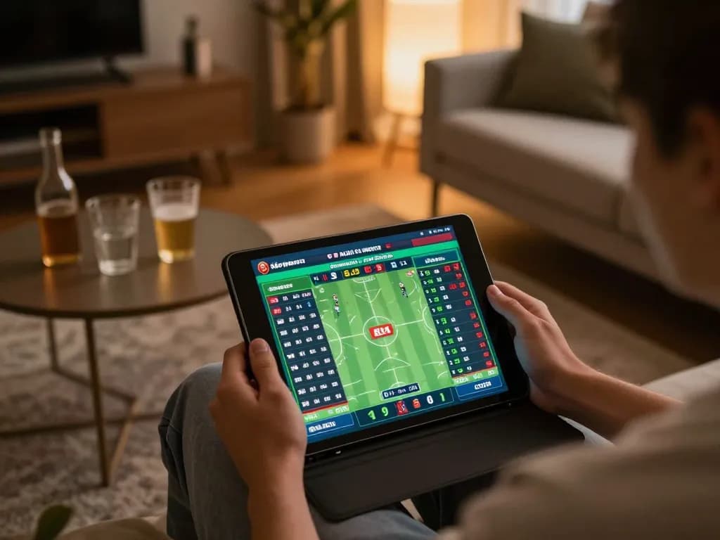 Kèo nhà cái betting interface on tablet, showcasing live sports odds and statistics in a cozy home setting.