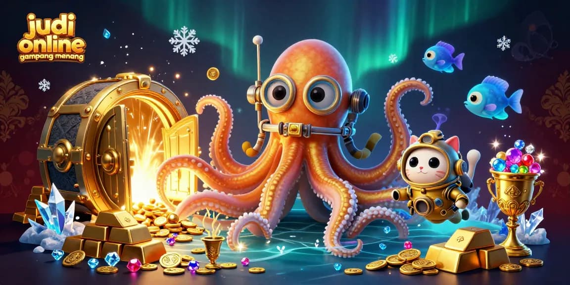 Menggungguli permainan judi online gampang menang dengan ilustrasi menarik dari kraken dan kucing selam.