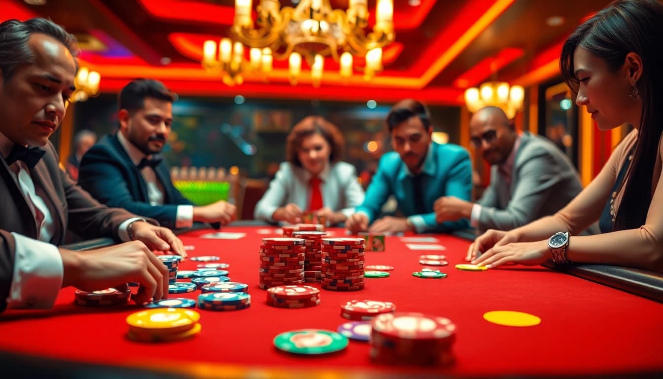 Permainan obraltoto di kasino dengan chip cerah dan pemain terlibat.
