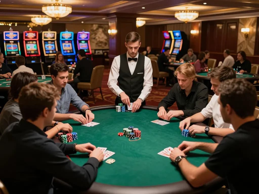 Players engaged in an intense poker game at TR88 casino, showcasing strategic gameplay with vibrant chips and lively atmosphere