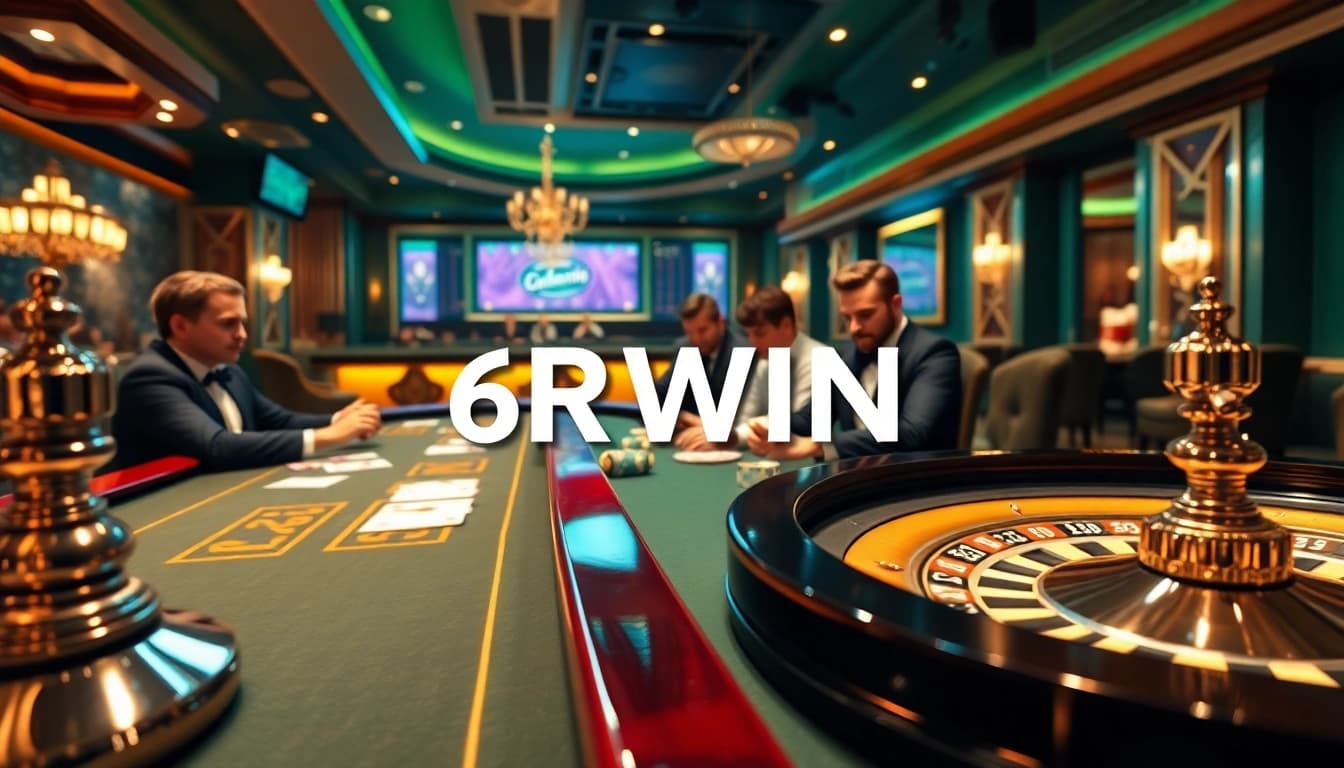 Experience the thrill of 6RWIN with a lively casino scene featuring poker games and roulette.