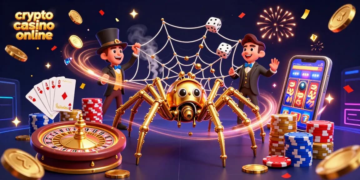 Scopri il crypto casino online con un ragno d'oro che cattura dadi sfortunati in una rete scintillante.
