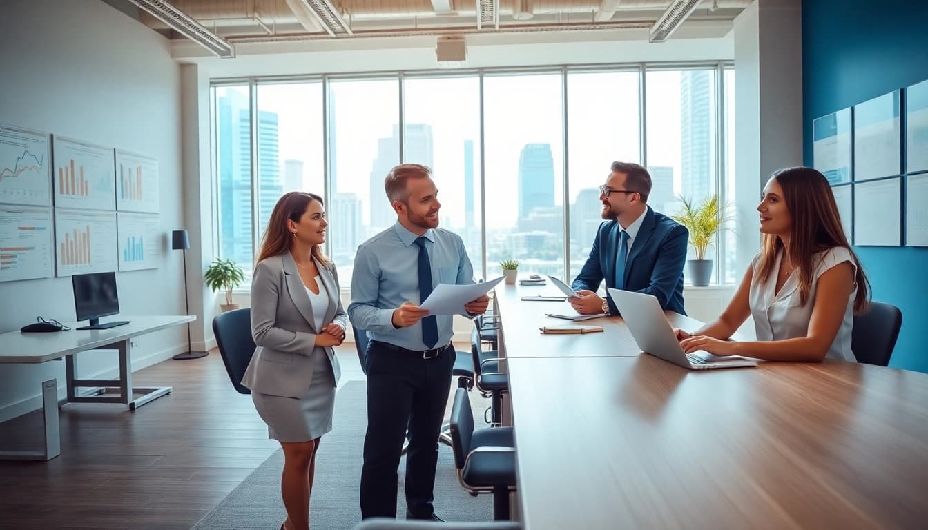Engaging agents in industrial leasing discussing properties in a modern office setting.
