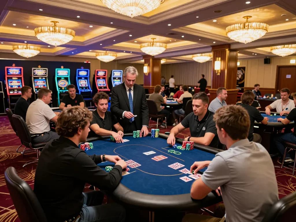 Players strategizing during a high-stakes poker game at Da88 casino with vibrant chips and cards.