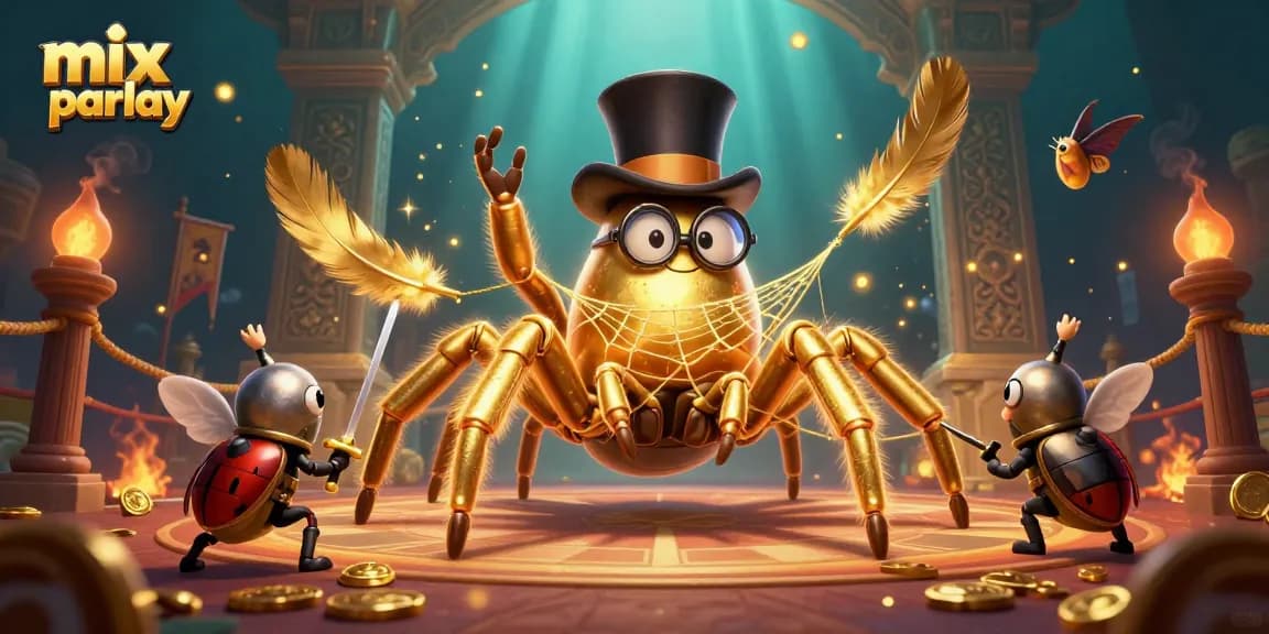 Engage with mix parlay strategies while witnessing a golden tarantula weaving luck in a vibrant casino.
