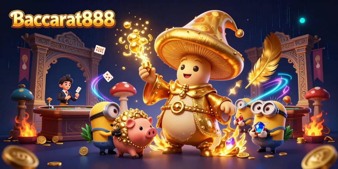 Experience Baccarat888 excitement with a wizard and truffle pig in a vibrant casino scene.