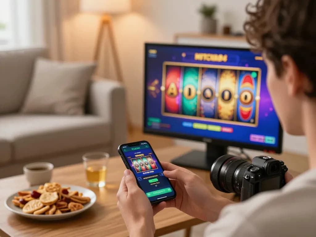 Experience hitclub4 mobile gaming with vibrant slot reels and a cozy home setup.
