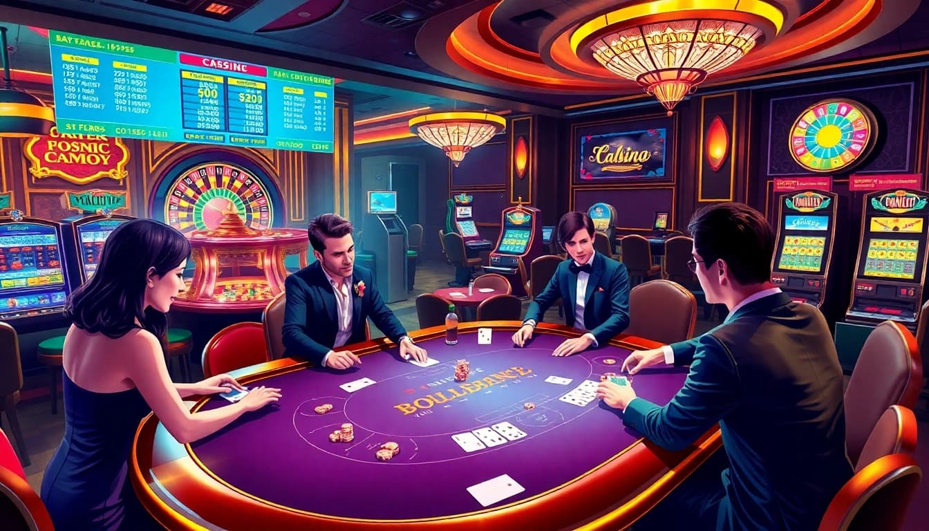 High-stakes poker game at au88.mex.com, with dealers and colorful slot machines in a luxurious casino setting.