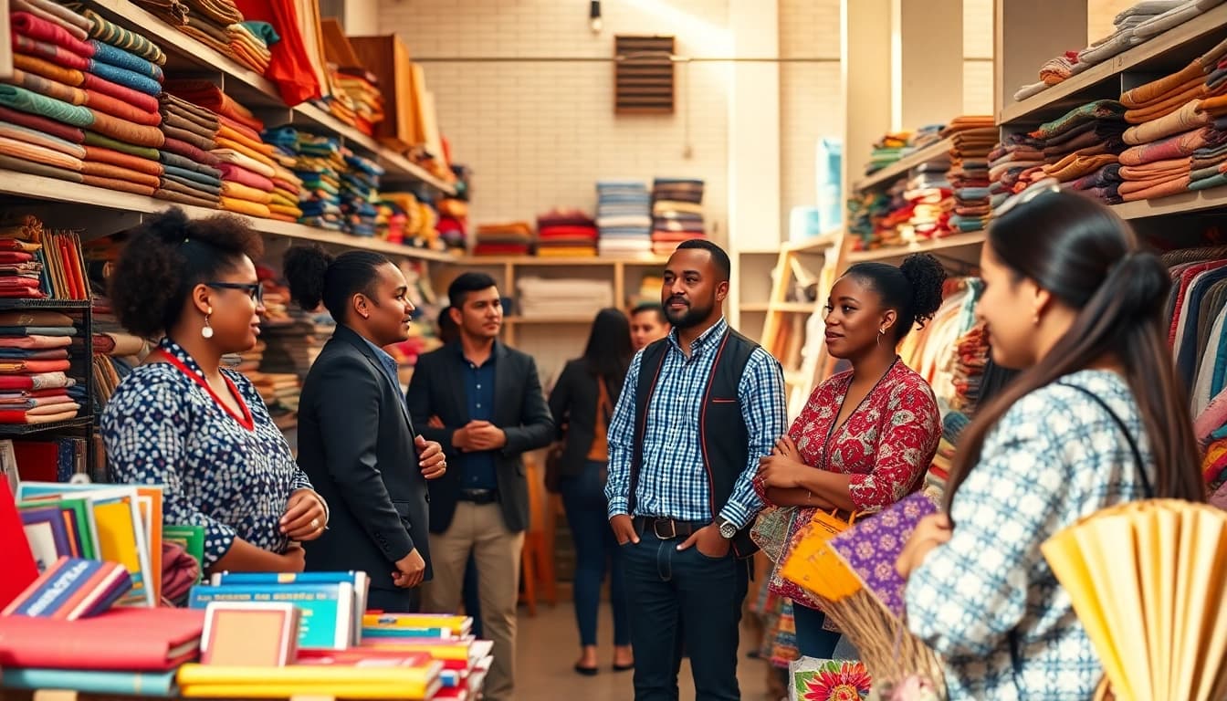Engaging wholesale marketplace scene showcasing diverse business owners and vibrant products.