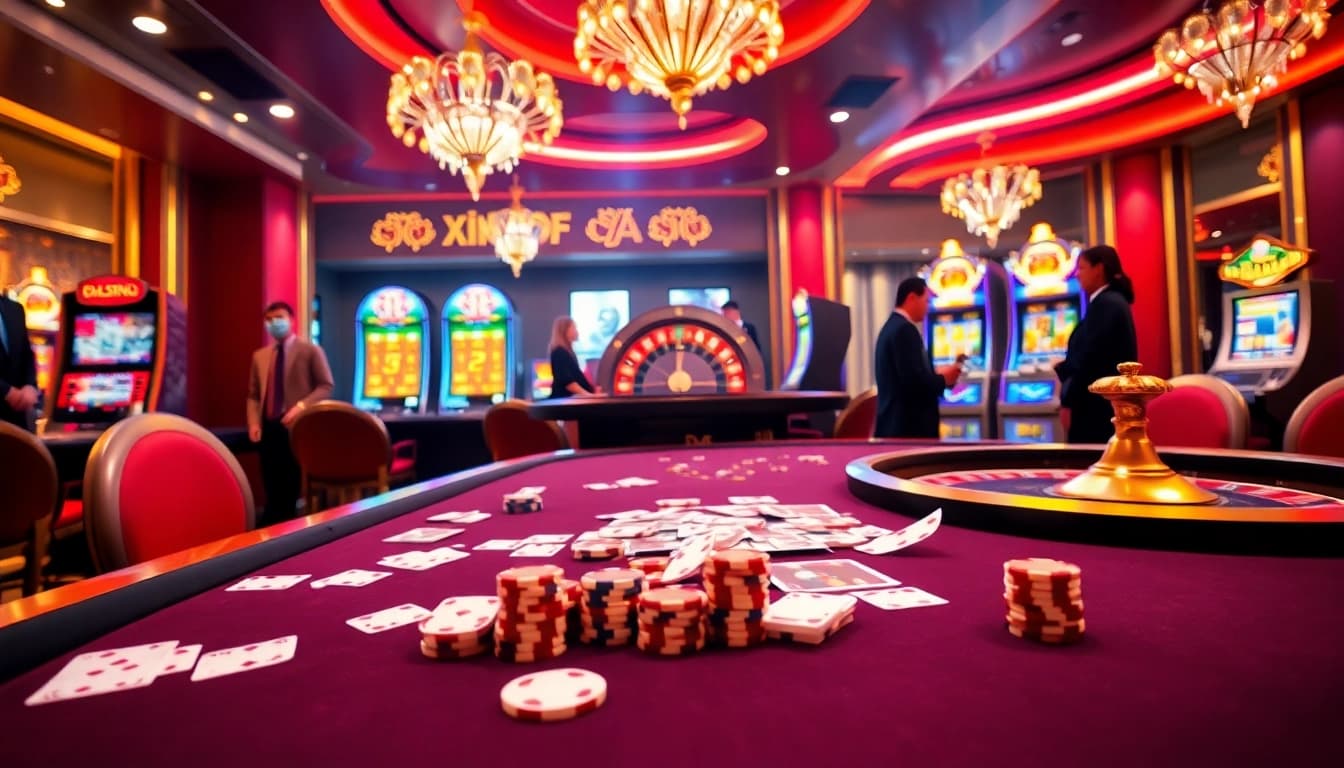 Players enjoying a game at XX88's exciting casino tables with vibrant slot machines in the background.