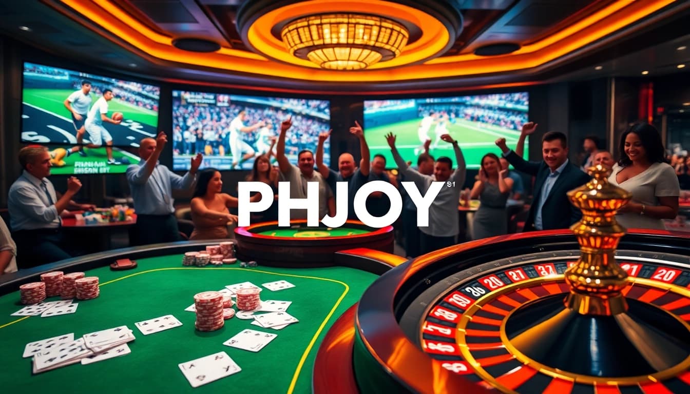 Players enjoying sports betting on the PHJOY platform with poker chips and a roulette wheel.