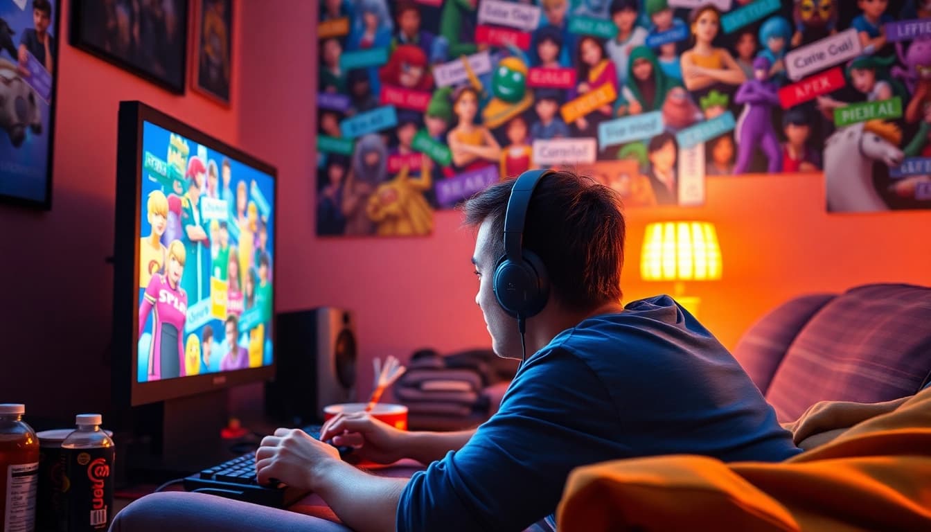 Engaged gamer playing various Games to play by yourself, surrounded by vibrant gaming elements.