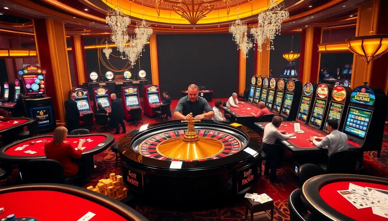 Exciting gameplay at 9bet casino with players at poker tables and roulette wheel