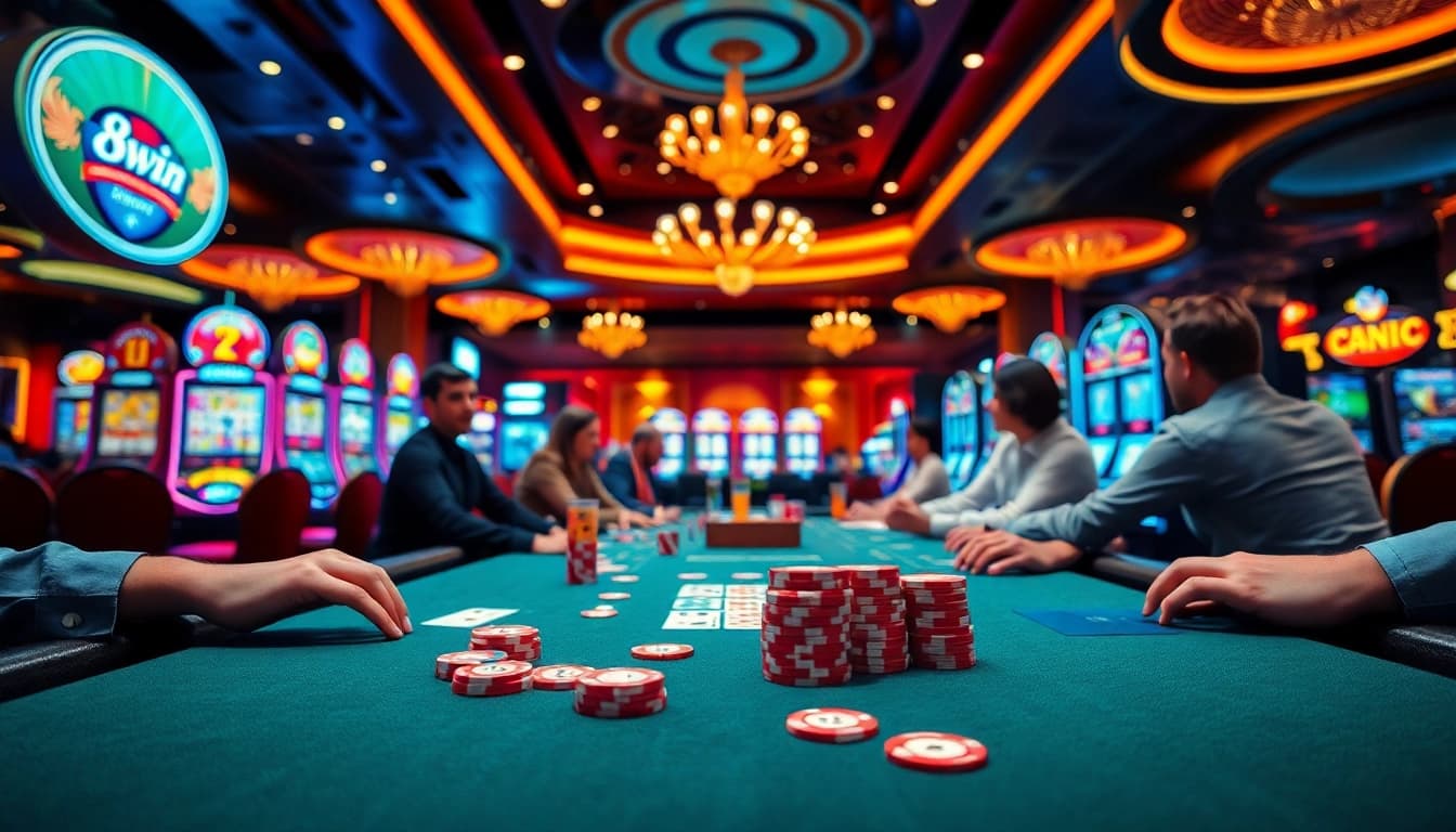 Experience the thrill of 8win casino gaming with players engaging at a vibrant poker table.
