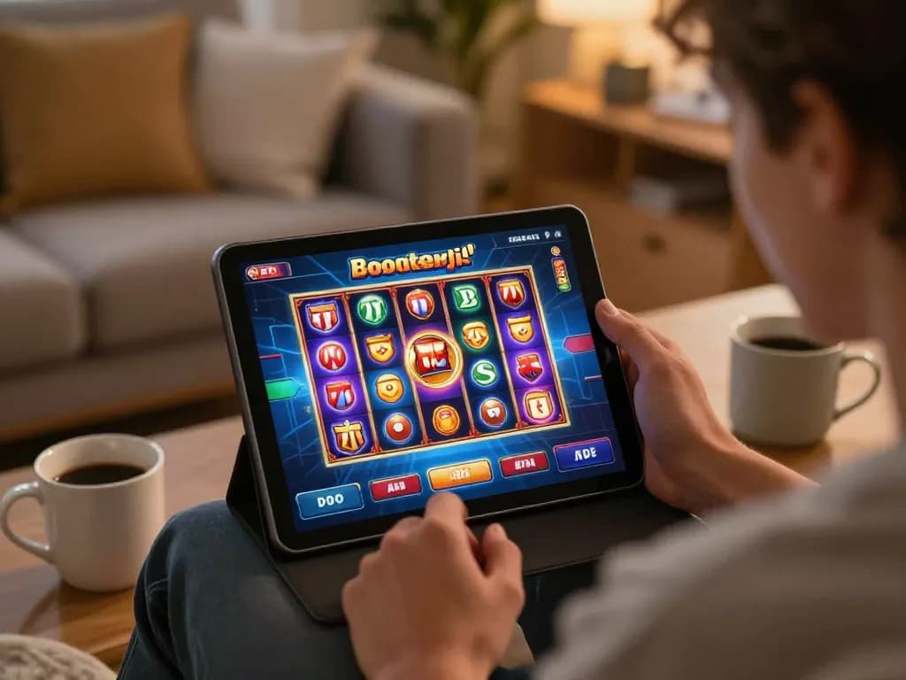 Player enjoying a winning moment on the boosterjp online casino app at home.
