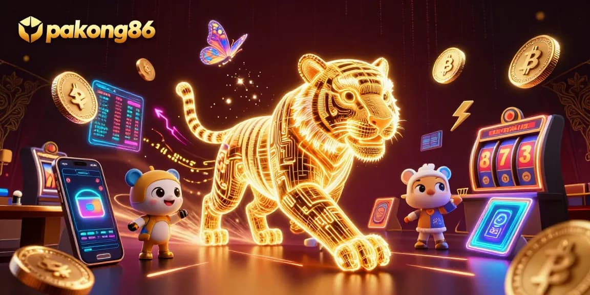 Experience excitement with pakong86 in a dynamic 3D casino scene featuring neon elements.