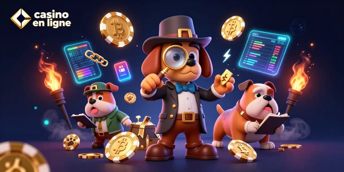 Les personnages de casino en ligne analysent des jetons en or dans une illustration 3D dynamique.