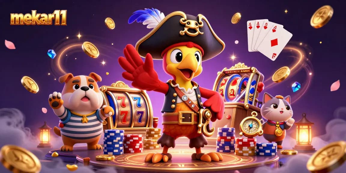 Mekar11 brings excitement with a pirate captain and bulldog amidst golden coins and slot reels in this vibrant casino illustration.