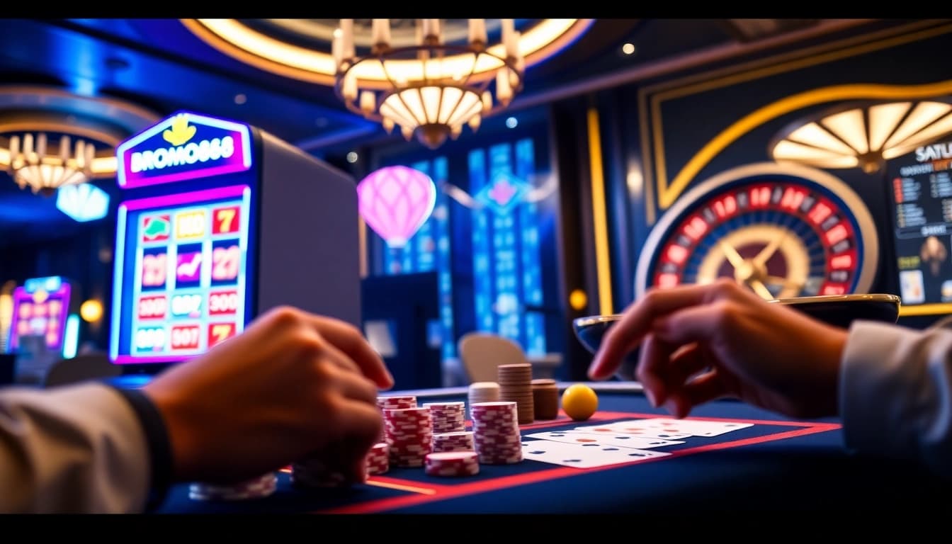 BROMO888 slot machine surrounded by vibrant poker chips and cards, capturing an exciting gambling atmosphere.