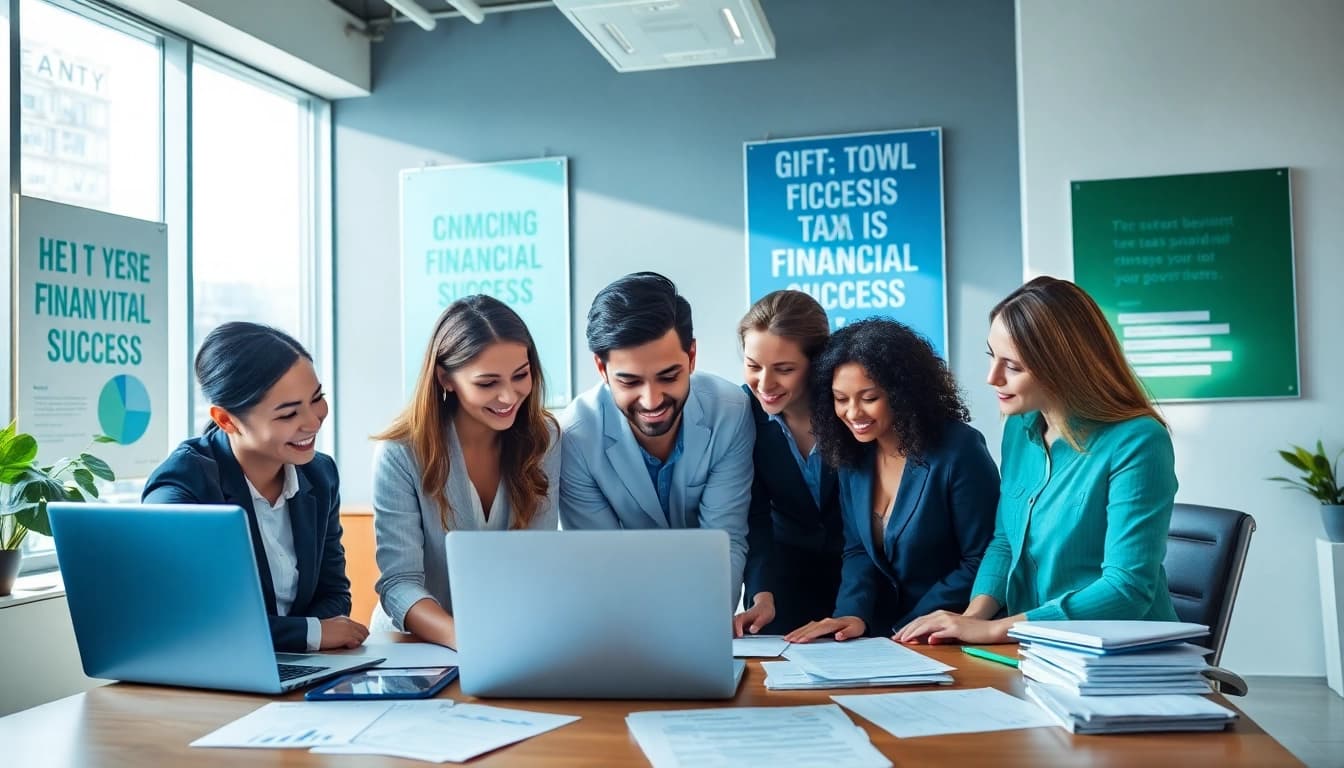 Engaging professionals in a tax preparation office discussing financial strategies and using tax software.