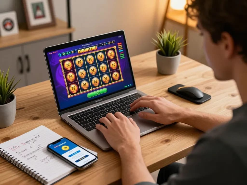 Engaging online player using slot deposit 2rb app on laptop, highlighting strategic gameplay.