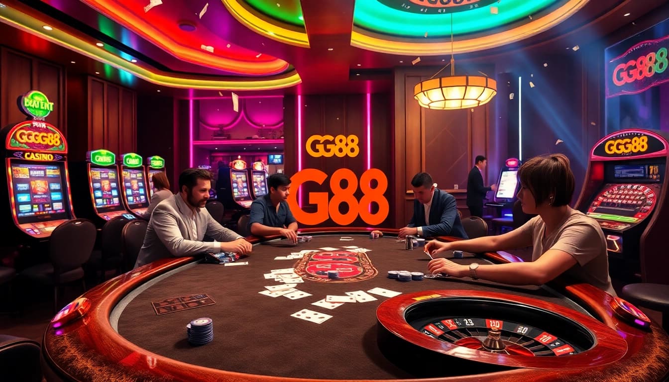 Players enjoying an exciting poker game at GG 88 casino table, showcasing vibrant slot machines.
