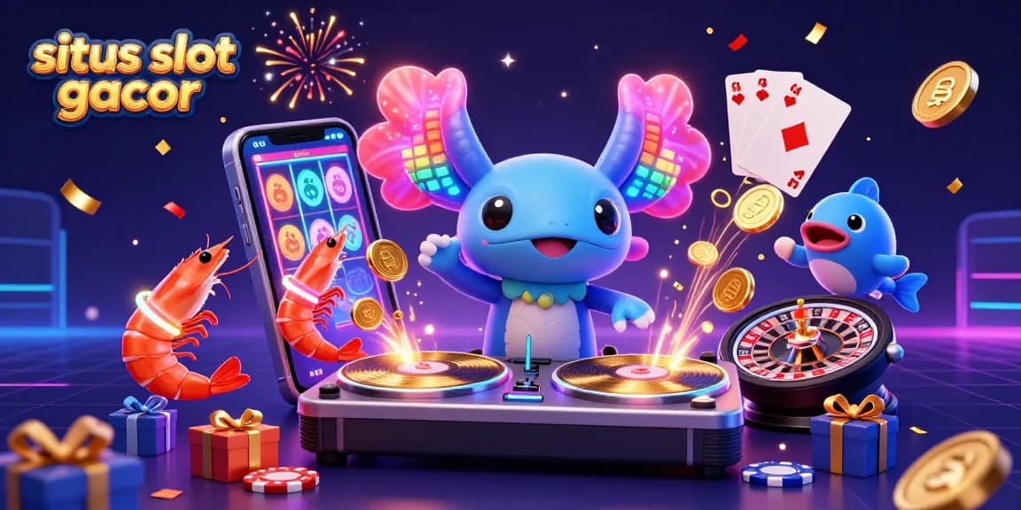 Situs slot gacor showcases a vibrant 3D scene with an axolotl DJ, shrimp dancers, and a colorful slot game!
