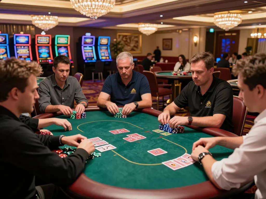 Engaging poker action at BK888 casino, players strategizing over colorful chips and cards.