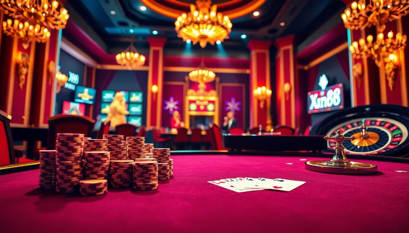 Experience thrilling gaming at xin88 with a luxury casino vibe featuring poker chips and rich decor.