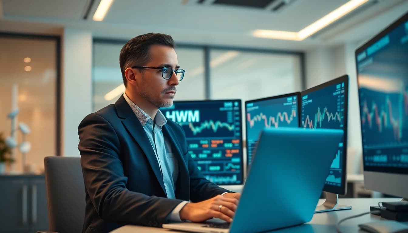 Analyze HWM stock price trends with a financial expert in a modern office.