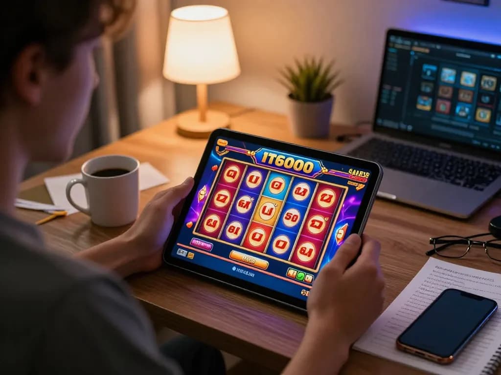 SLOT6000 player immersed in dynamic online slot game on tablet, showcasing vibrant graphics and cozy environment