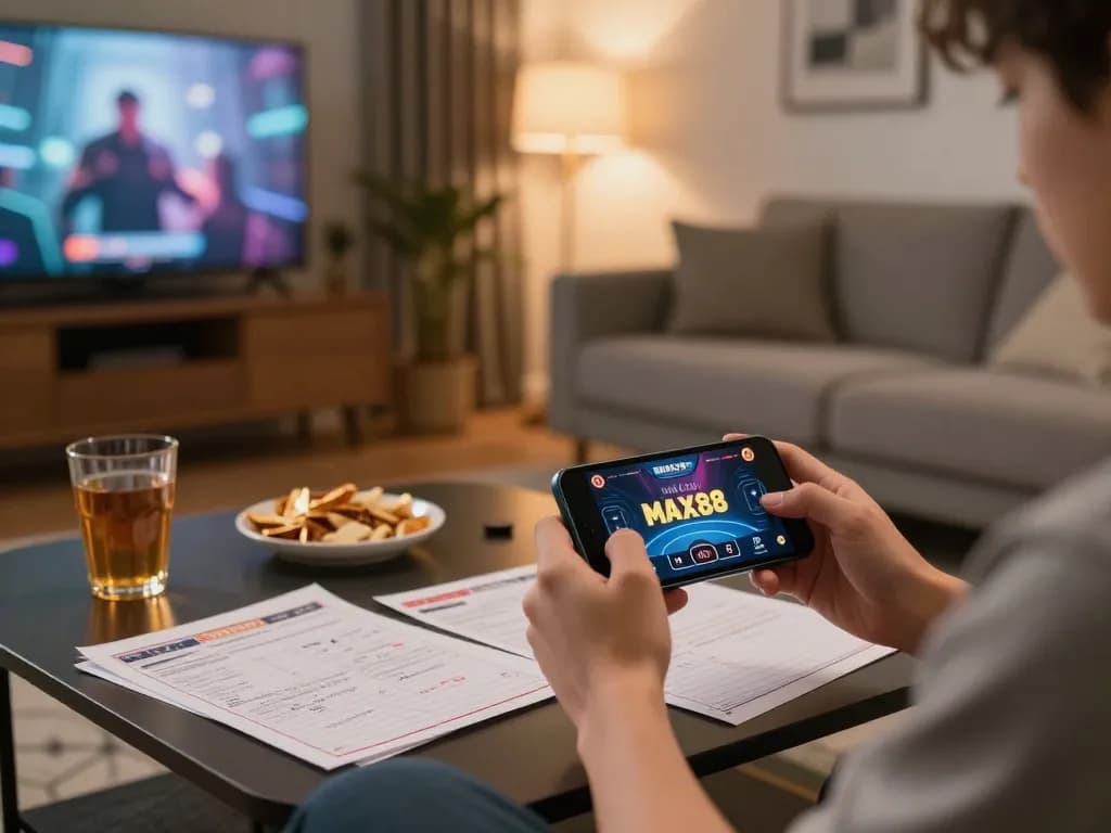 Engaging with mobile gambling at NHÀ CÁI MAX88, showcasing a cozy gaming atmosphere