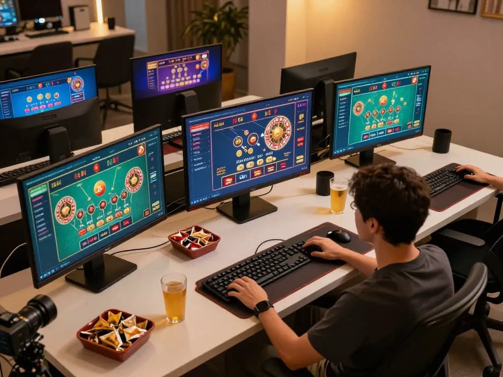 Engaged player strategizes on tr88.com with dual screens showing live dealer games and betting stats