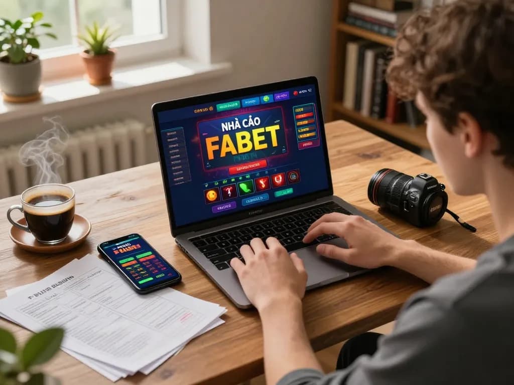 Engaging NHÀ CÁI FABET online betting experience in a cozy home office.