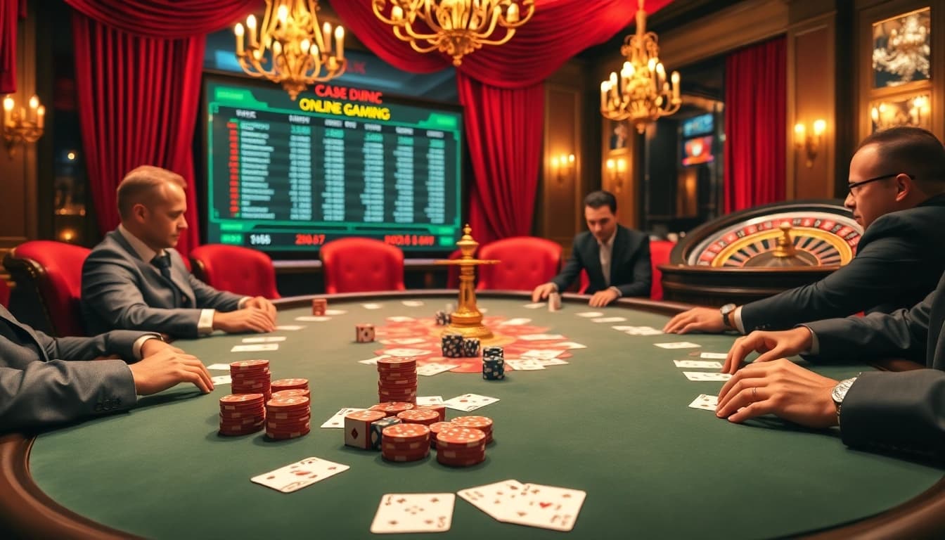 Atmosphère excitante de casino en ligne avec des joueurs à une table de poker entourée de cartes et de jetons.