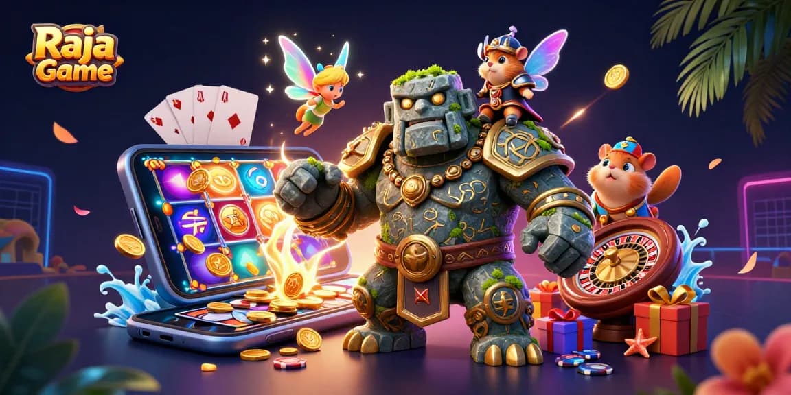 Engage with Raja Game's thrilling slot experience through a magical 3D scene filled with dynamic gaming elements.
