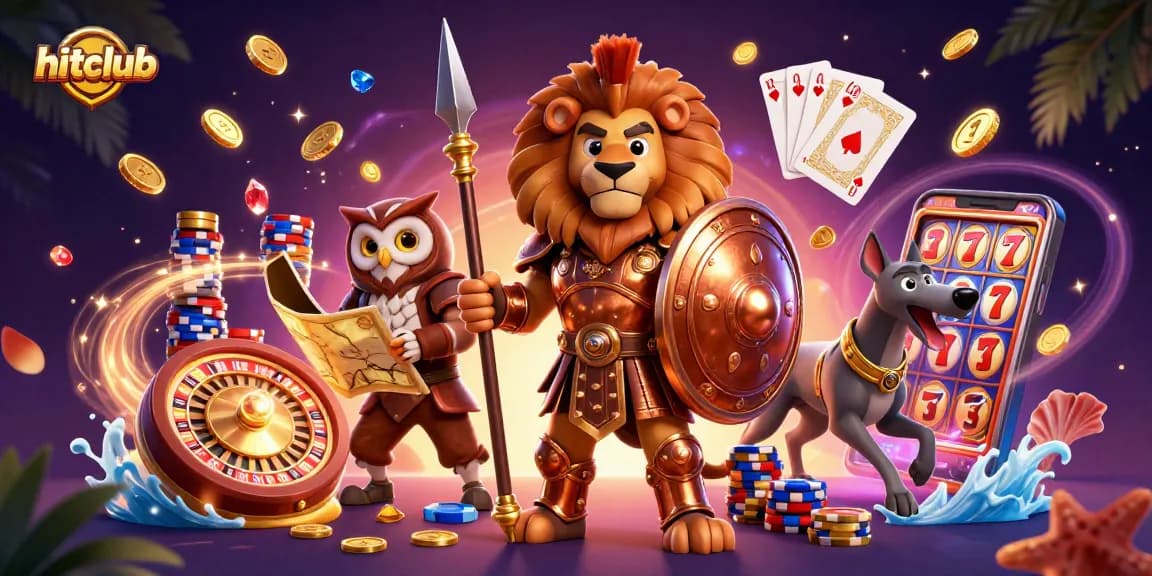 Hitclub game experience showcasing a lion, owl, and greyhound amidst coins, roulette, and poker elements.