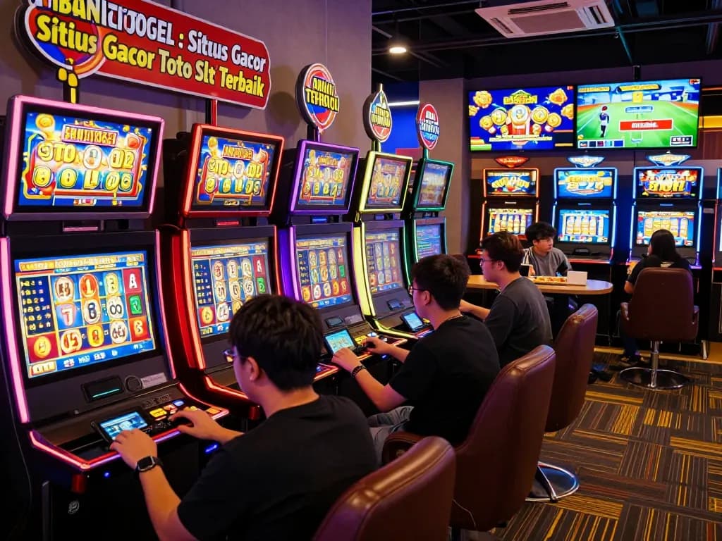 BANTAITOGEL : Situs Gacor Toto Slot Terbaik Dengan Agen Toto Togel, showcasing vibrant gaming atmosphere with players engaged and colorful slot machines.