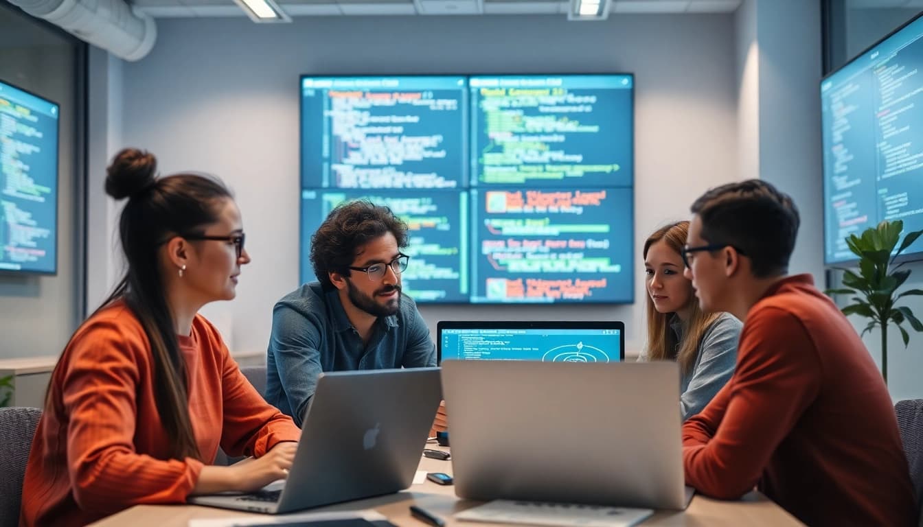 Collaborative software engineering team analyzing complex project data.