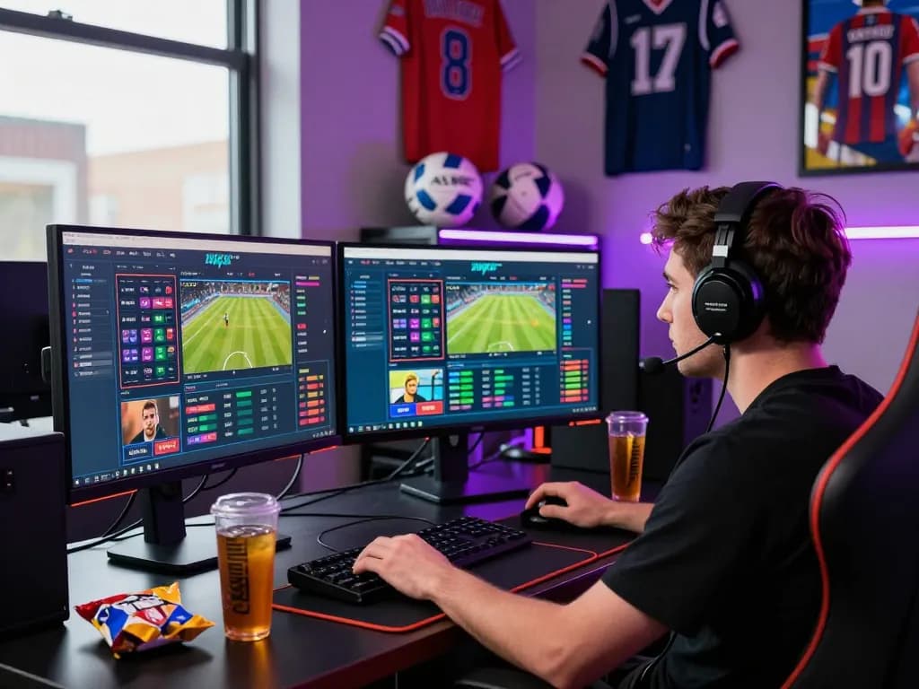 Gamer engaging in W88 live sports betting with dynamic interface and vibrant decor