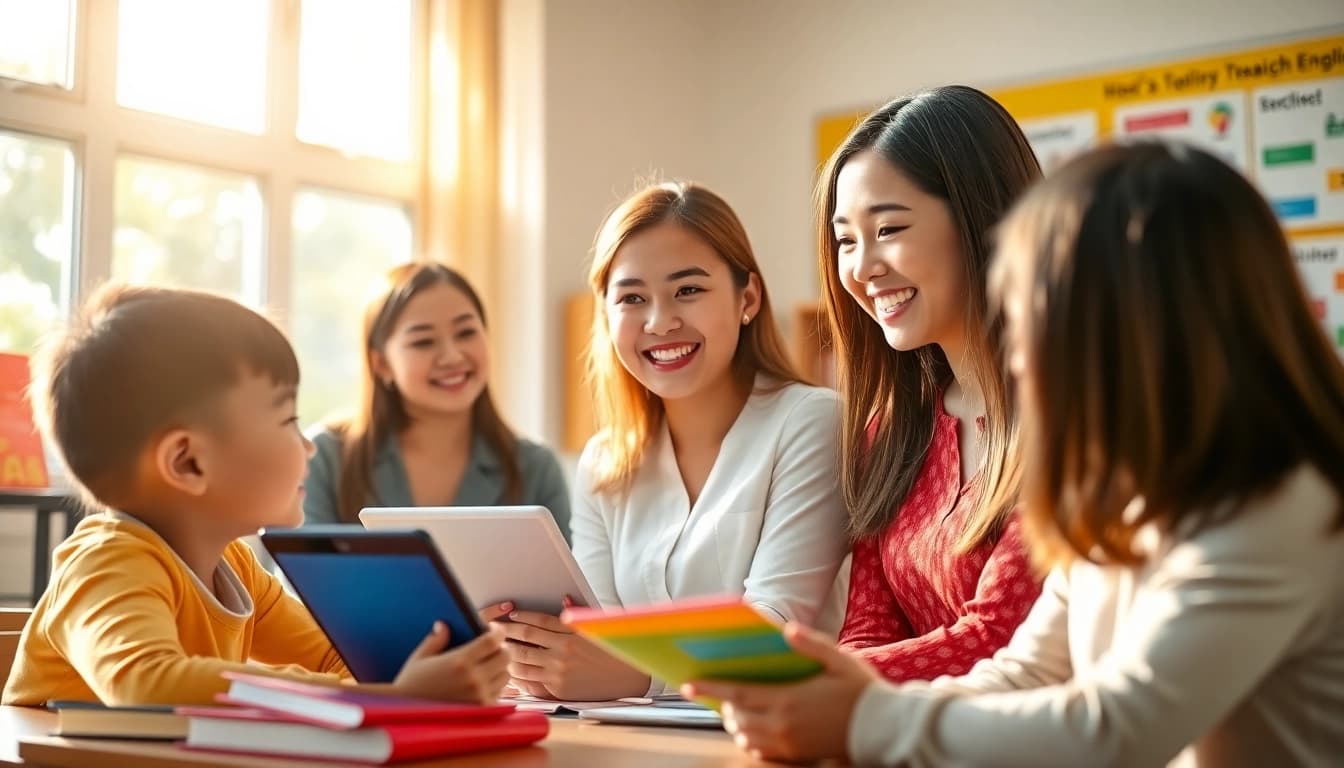 Teach English in Taiwan with engaging teachers inspiring students in a vibrant classroom.