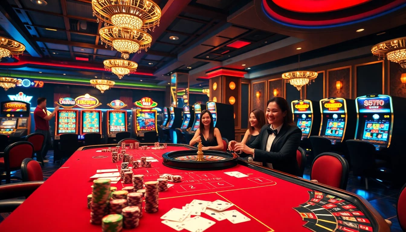 Players enjoying a thrilling moment at nhà cái fun79's vibrant gaming table filled with excitement.