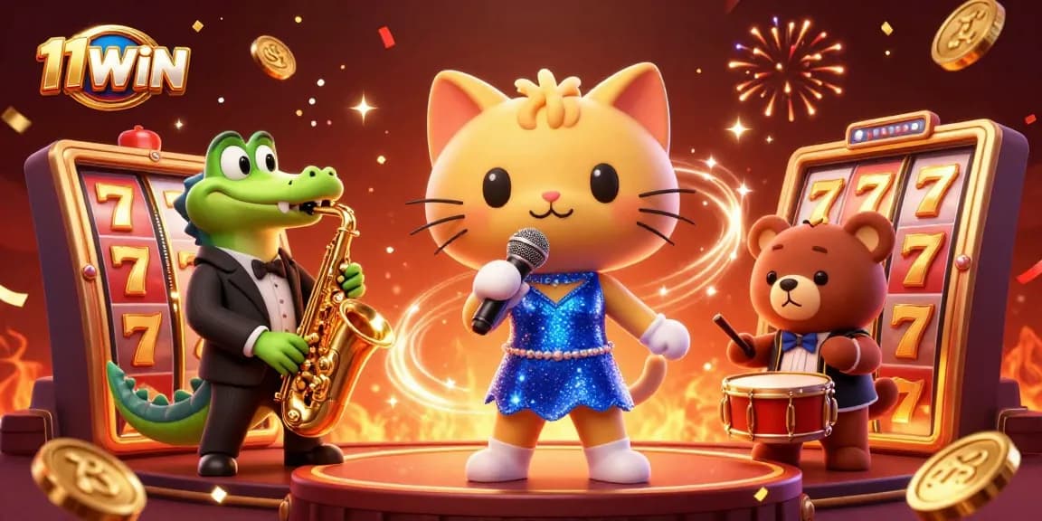 Experience thrilling gameplay at 11WIN with a vibrant 3D casino scene featuring playful characters and slot machines.
