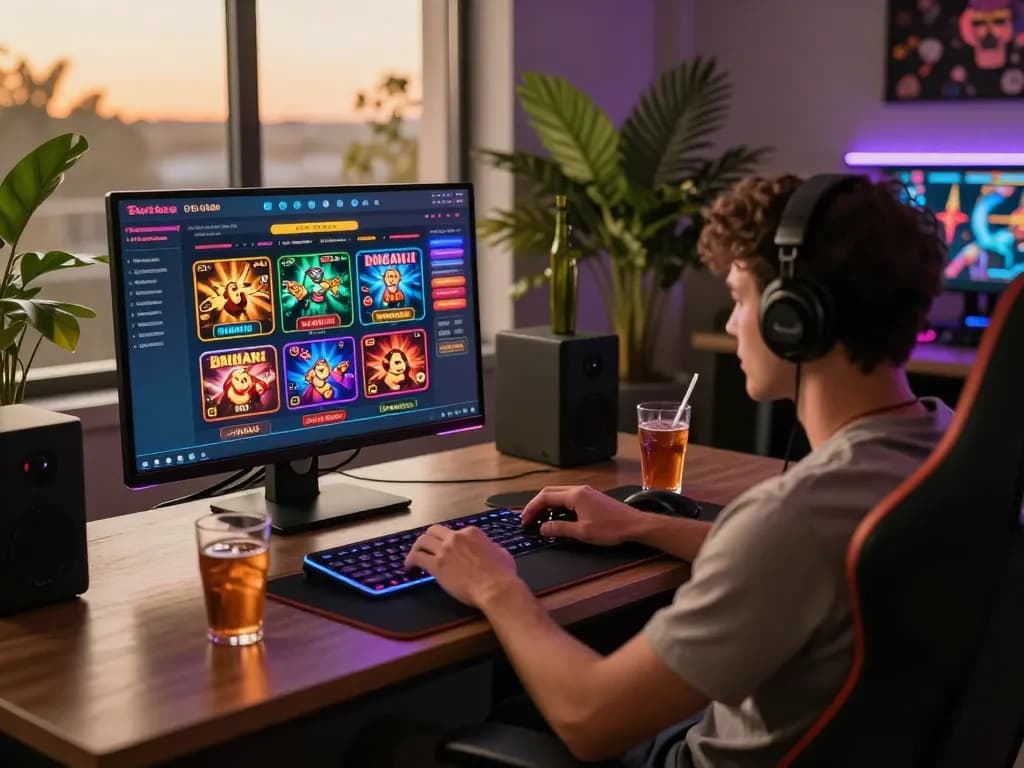 Engaging in Online Casino No Deposit gaming at a modern home setup with casino interface.