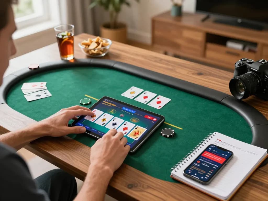 Thabet online poker session at home with tablet displaying gameplay and strategic notes