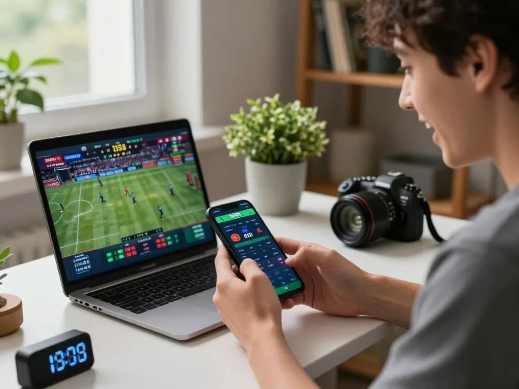 SIN88 user engaged in sports betting on smartphone while following live match on laptop in cozy home office.