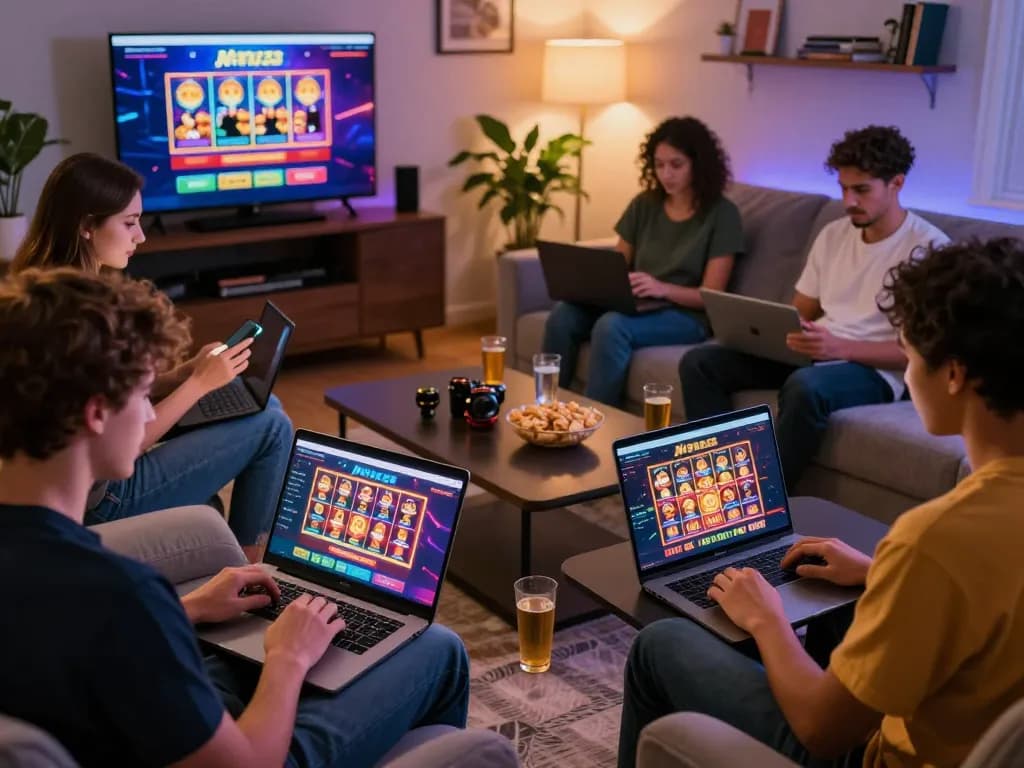 Excited players engaging with the xpay33 promotion on vibrant screens in a cozy gaming atmosphere.