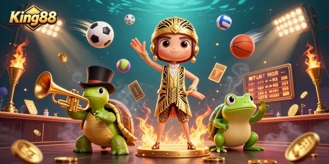 Engage in thrilling gaming at King88, showcasing vibrant casino characters and dynamic sports elements.