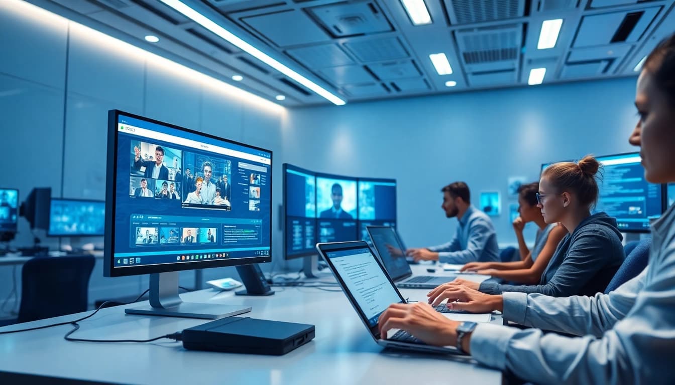 Video to prompt AI generator in a modern workspace with tech professionals collaborating.